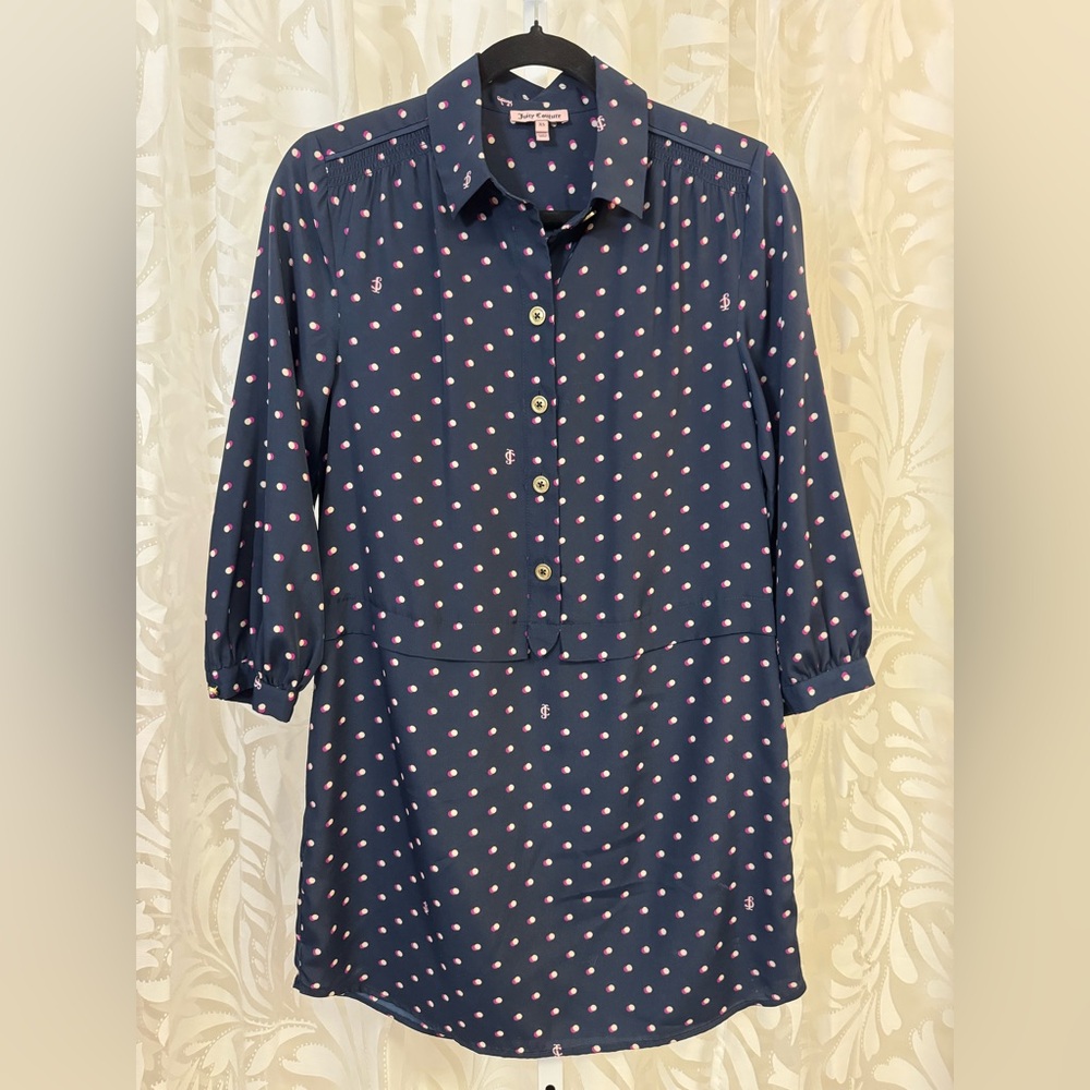 Juicy Couture Navy Mini Dress with Monogram and Pink and White Dot Print